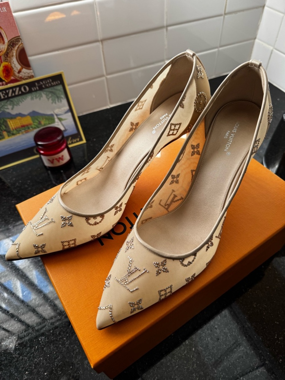 Louis Vuitton Beige Monogram Crystal-Embellished Pointed Pumps
